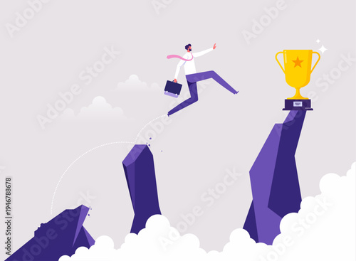 Risk or challenge to reach success achievement concept, businessman step on risk cliff to reach success trophy