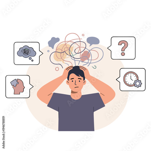 Person experiencing mental confusion surrounded by thought bubbles and symbols