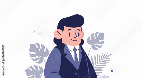 A charming cartoon person in a suit, surrounded by abstract tropical leaves and shapes
