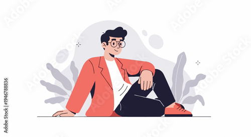 A person in a red jacket and black pants sits on the floor with plants