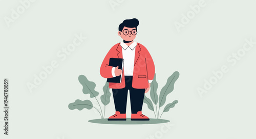 A man in a coral blazer and glasses holds a book, surrounded by plants