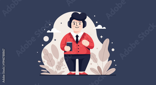 Cheerful character in red jacket and headphones holding a phone with plants and stars