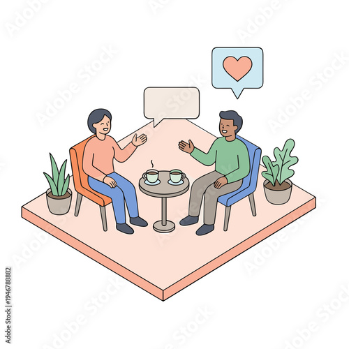 Two people sitting on chairs having conversation with heart above
