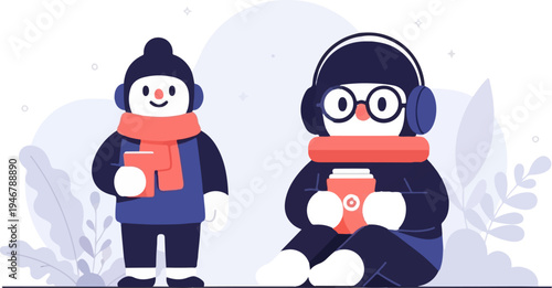 Two stylized characters in winter attire, one standing, the other seated, enjoying a warm drink