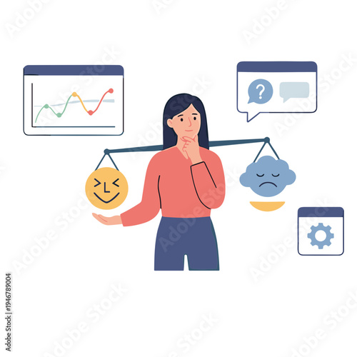 A woman balances emotions and data on a scale, contemplating decisions.