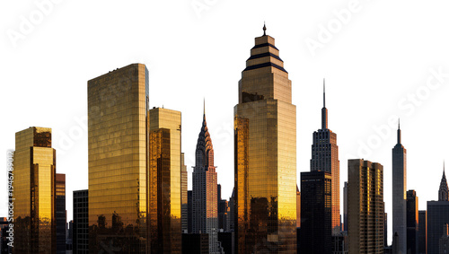 Isolated city skyline panorama with modern and classic golden skyscrapers bathed in sunset light