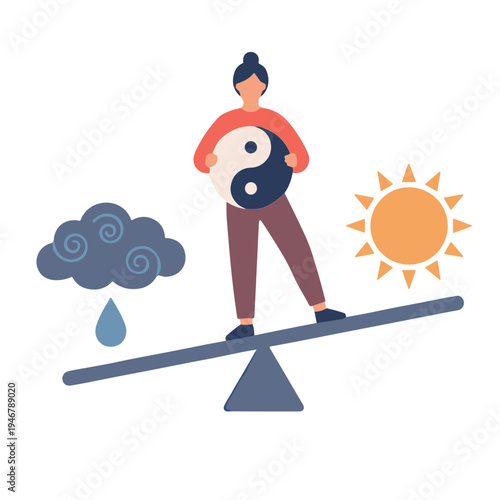 Woman balances yin yang on seesaw between sunny weather and rain cloud.