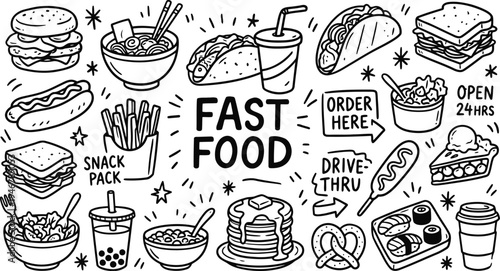 Black and white doodle style fast food menu illustration featuring popular dishes and restaurant signage