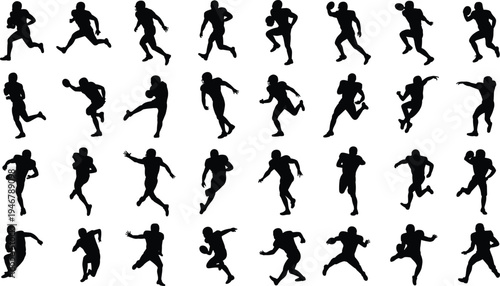 Collection of American football player silhouettes in dynamic action poses running throwing catching isolated set for sports design team competition training illustration pack bundle