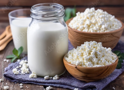 Kefir grains and a jar of kefir rest on a wooden table, with space for copying. I am preparing a wholesome fermented probiotic milk kefir drink