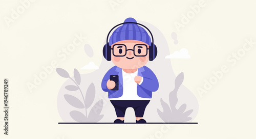 Cartoon character with headphones and smartphone, wearing beanie and jacket