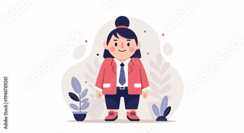 A stylized character in a coral jacket and blue tie stands amidst abstract shapes and plants