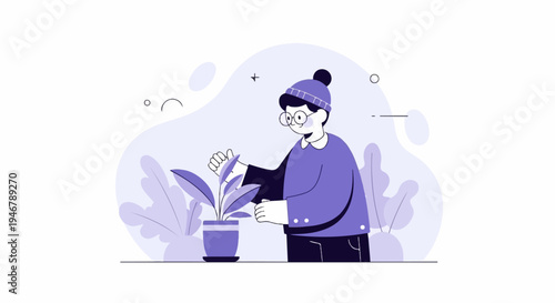 Person tending to a potted plant with a simple, flat design in purple and white hues