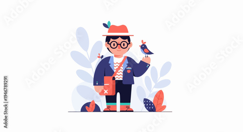 Cheerful individual wearing a hat and jacket, with a bird perched on their hand