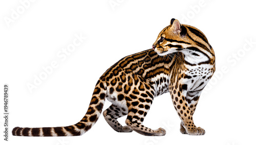 Fotografie Isolated elegant ocelot, a stunning wild cat with beautiful spotted and striped fur pattern