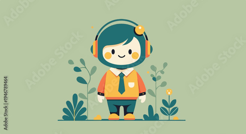 Friendly cartoon character in headphones and a collared shirt with a tie, surrounded by stylized plants