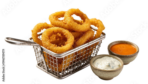 Vászonkép Isolated crispy golden onion rings with creamy ranch and tangy sauce in a metal