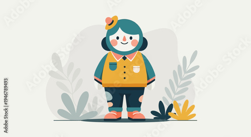 Whimsical cartoon character with playful attire and floral background