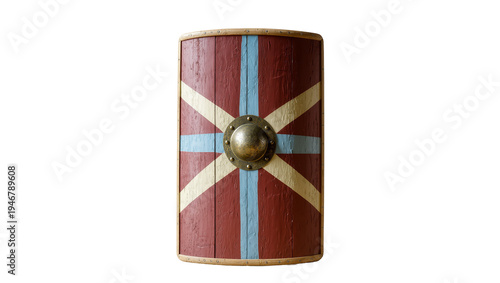 Quadro su tela Isolated old wooden shield with painted red blue and yellow cross pattern and me