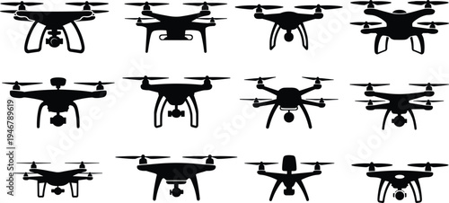 Collection of drone silhouettes set isolated on white background featuring quadcopter UAV designs for aerial photography, surveillance, delivery technology, mapping, and modern unmanned 