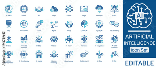 Artificial Intelligence AI Icon Set with Brain and Circuitry Motifs vector illustration
