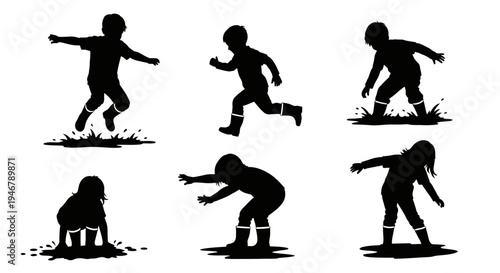 Children Silhouettes Playing in Mud Puddles, Jumping and Splashing