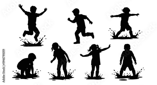 Children Silhouettes Jumping and Playing in Mud Puddles, Outdoor Fun