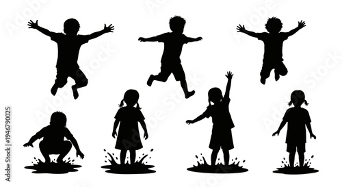 Children Silhouettes Jumping and Playing in Water Splashes