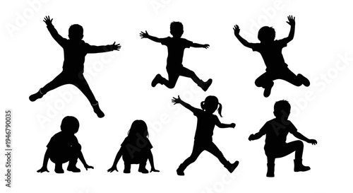 Children Silhouettes Jumping and Playing Outdoors, Diverse Kids Active Lifestyle
