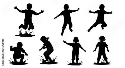 Children Silhouettes Jumping and Playing in Water Splashes