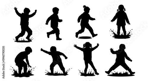 Children Silhouettes Jumping in Puddles, Playful Outdoor Activity, Summer Fun