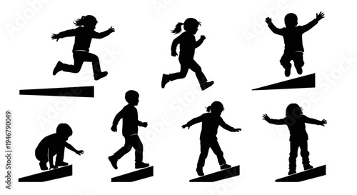 Children Silhouettes Jumping and Running on Ramps, Active Play and Childhood Fun