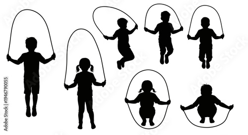Children Silhouettes Jumping Rope: Active Kids Playing Outdoors