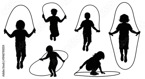 Children Silhouettes Jumping Rope: Active Kids Playing Outdoors, Diverse Poses