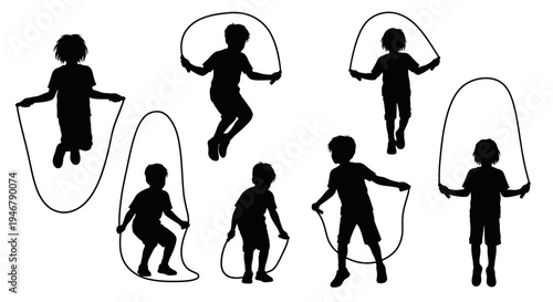 Children Silhouettes Jumping Rope, Various Poses, Outdoor Activity, Childhood Fun