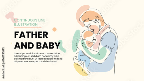 Father holding baby minimalist line art illustration, fatherhood parenting love concept