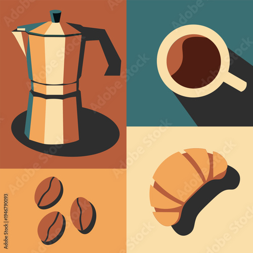 Coffee Breakfast Set Vector Illustration – Moka Pot, Coffee Cup, Beans and Croissant