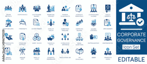 Corporate Governance Icon Set with Scales of Justice and Checkmark business