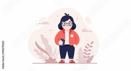 Chubby cartoon girl with glasses in orange jacket and dark pants, holding a phone