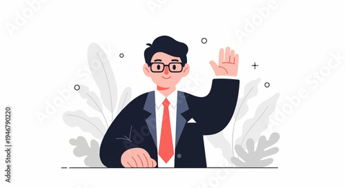 Friendly professional in suit and tie waving hello amidst stylized foliage