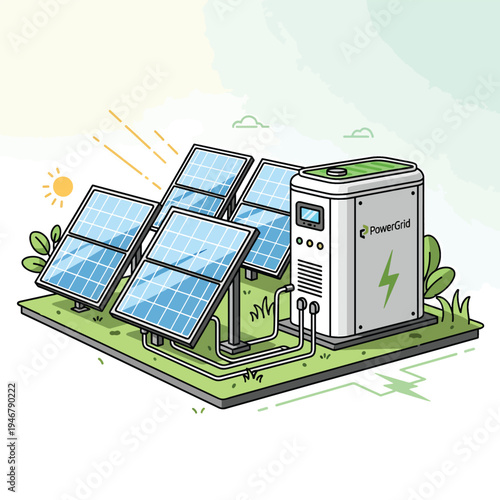 Solar panels generate electricity on a green platform with a battery