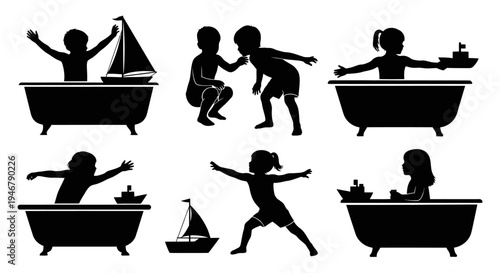 Children silhouettes playing in bathtubs with toy boats and sailboats, bath time fun