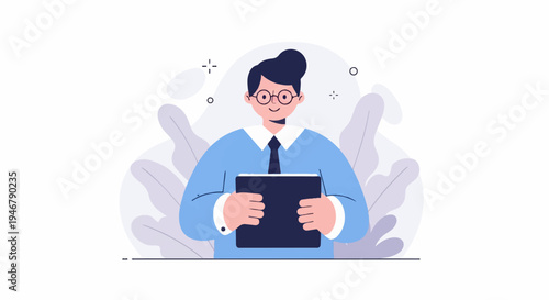 A man in a blue shirt, tie, and glasses holds a dark folder, with abstract foliage in the background