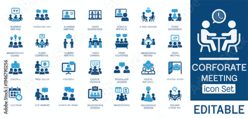 Corporate Meeting Icon Set With Diverse Business Meeting Scenarios And Collaboration Icons teamwork