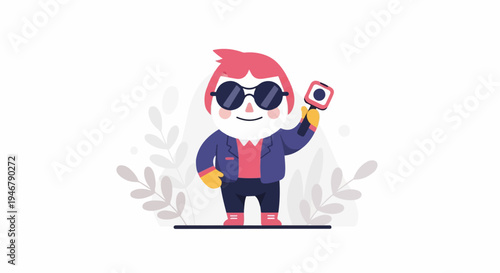 Stylized character in sunglasses and jacket, holding a camera