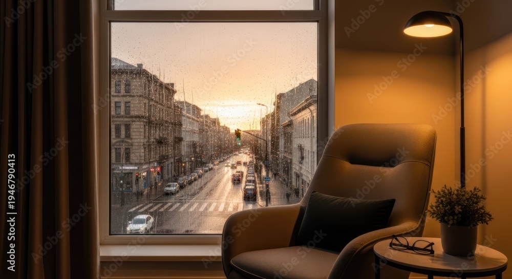 Fototapeta premium A warmly lit room features a large window overlooking a city street at sunset. A comfortable armchair sits beside the window, illuminated 