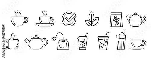 A collection of line icons for tea, Coffee, And other beverages on white background