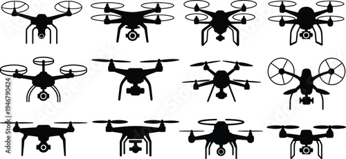Collection of drone quadcopter silhouettes with cameras, various UAV aerial technology aircraft icons isolated on white representing surveillance, photography, robotics and modern flying drone 