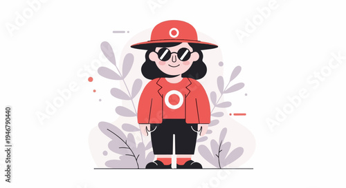 Cartoon character with hat, sunglasses, red jacket, and dark pants