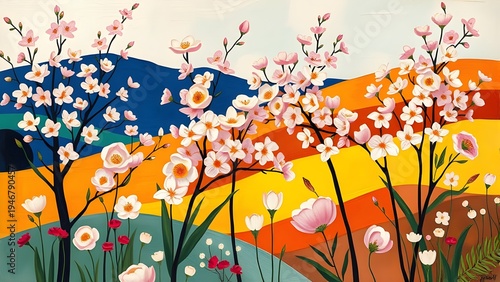 Abstract spring landscape with blooming cherry blossom trees and colorful hills. Soft floral illustration with vibrant seasonal colors.